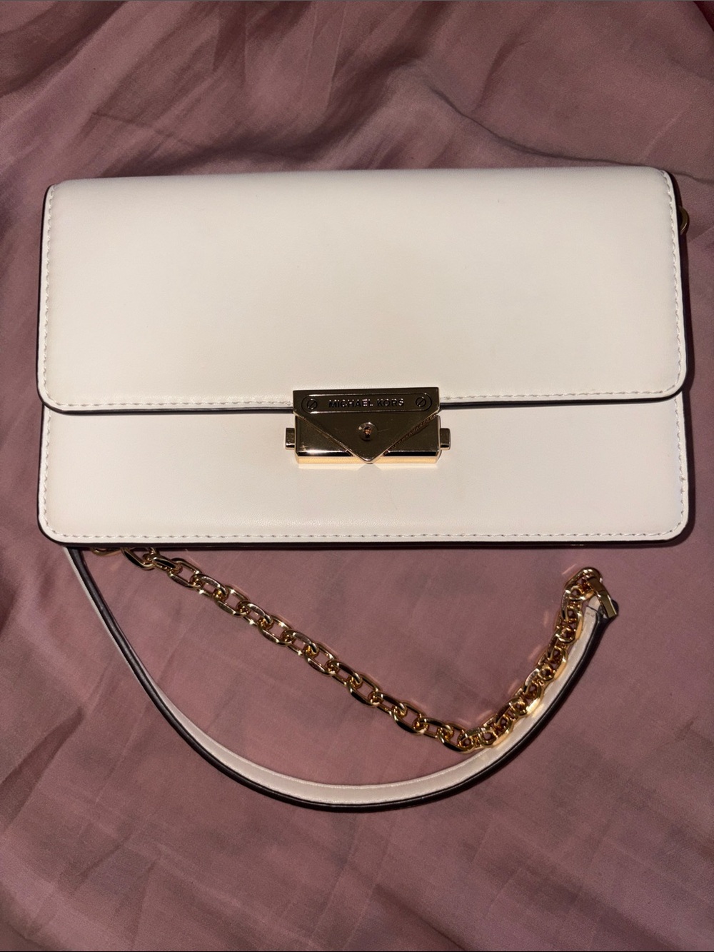 Michael Kors White Leather Chain-Strap Crossbody with Gold Hardware